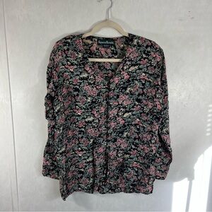 French Affair Black and Pink Floral Blouse with Front Buttoned Design vintage